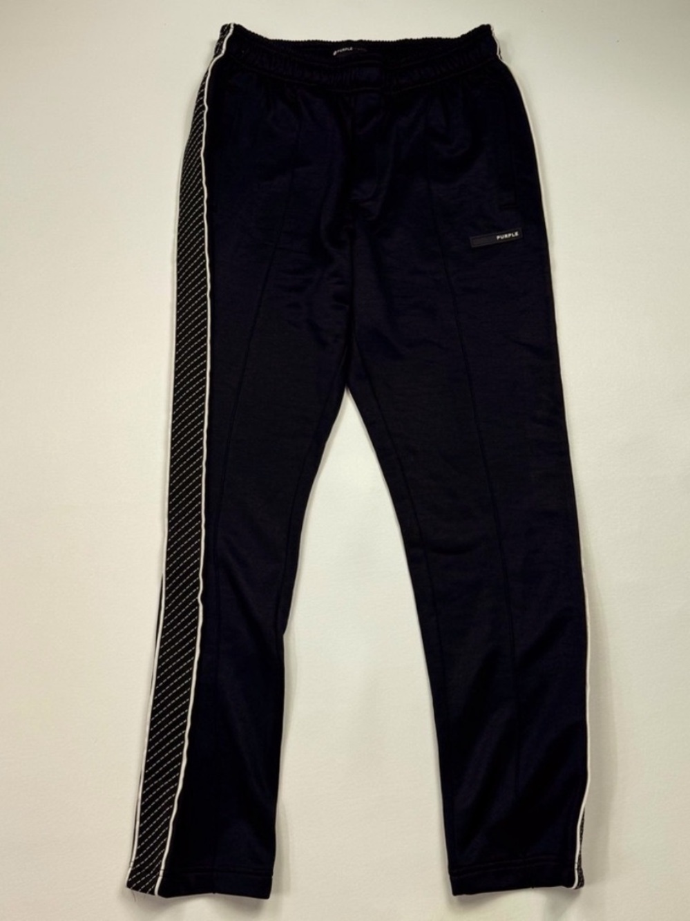 NWOT Purple Brand Men's Black Track Pants w/ Side tuxedo stripe w/logo mens Med.